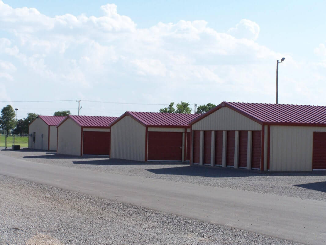 American Steel Buildings - Storage Unit Building with Red Trim and Red Doors