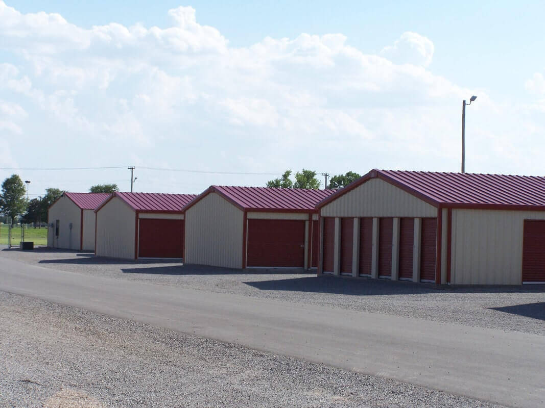 American Steel Buildings - Storage Unit Building with Red Trim and Red Doors American Steel Buildings - Storage Unit Building with Red Trim and Red Doors